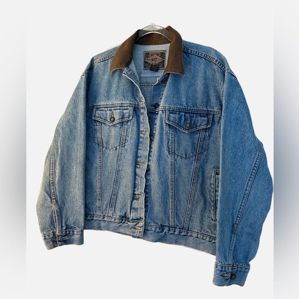 Vintage Express Distressed Denim Jacket Leather Collar Womens M/L Trucker